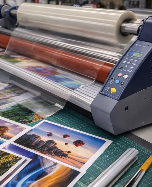 Laminierung und Zuschnitt im Druckstudio